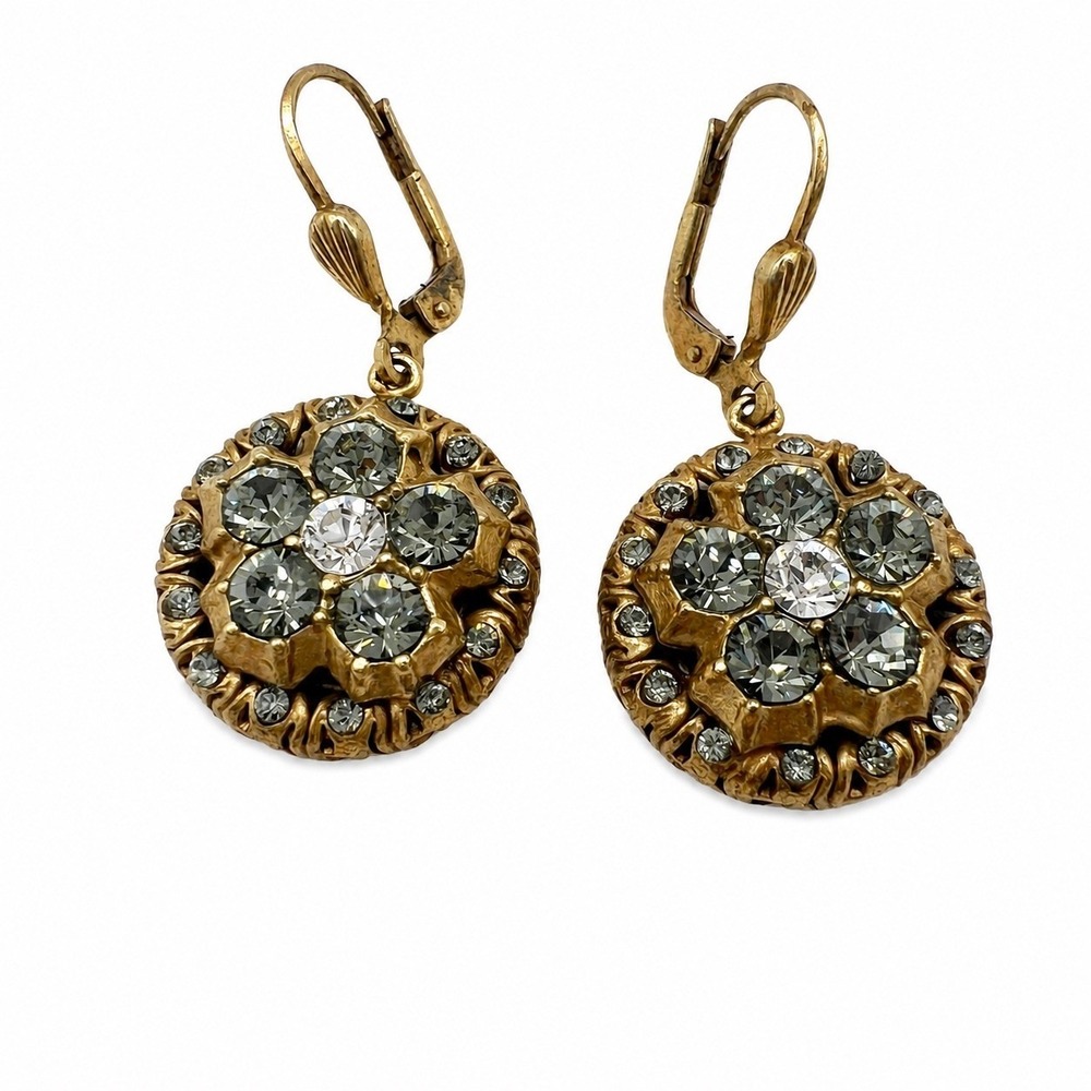 Vintage Gold Tone Dangle Crystal Floral Medallion Leverback Drop Earrings